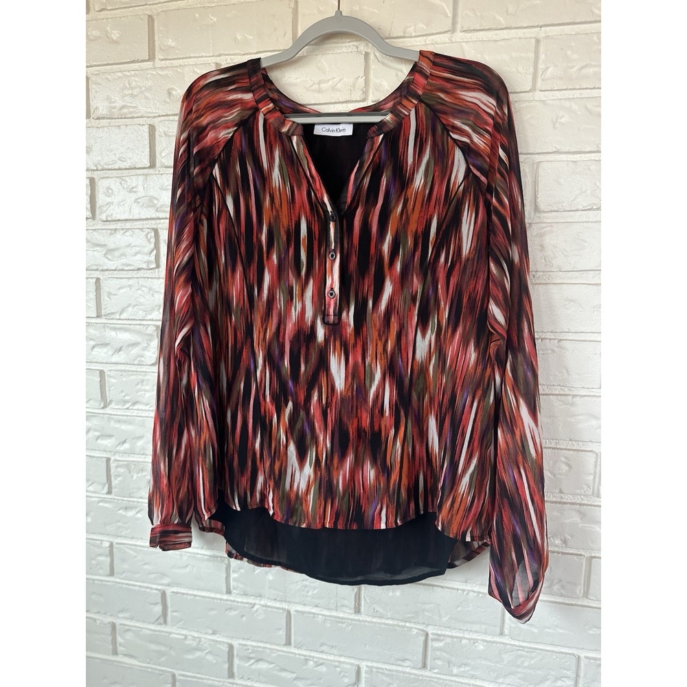 Calvin Klein Women's Multicolor Ikat Print Sheer Chiffon Hi-Low Blouse Medium - Picture 7 of 9